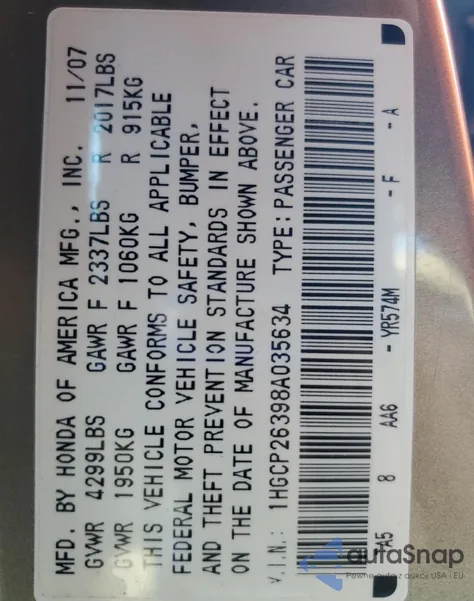 2008 Honda Accord Lx z USA, uszkodzony, nr VIN 1HGCP26398A035634